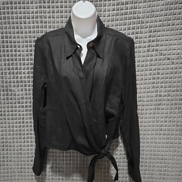 Black Linen Crop Wrap Top Sz6 S/M Y2K 90s Corp Boho Chic Button Grunge Punk Rock - Picture 8 of 13